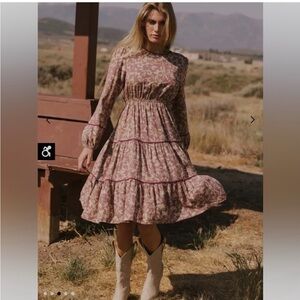 Floral Tiered Long-Sleeve Midi Dress in Dusty Rose